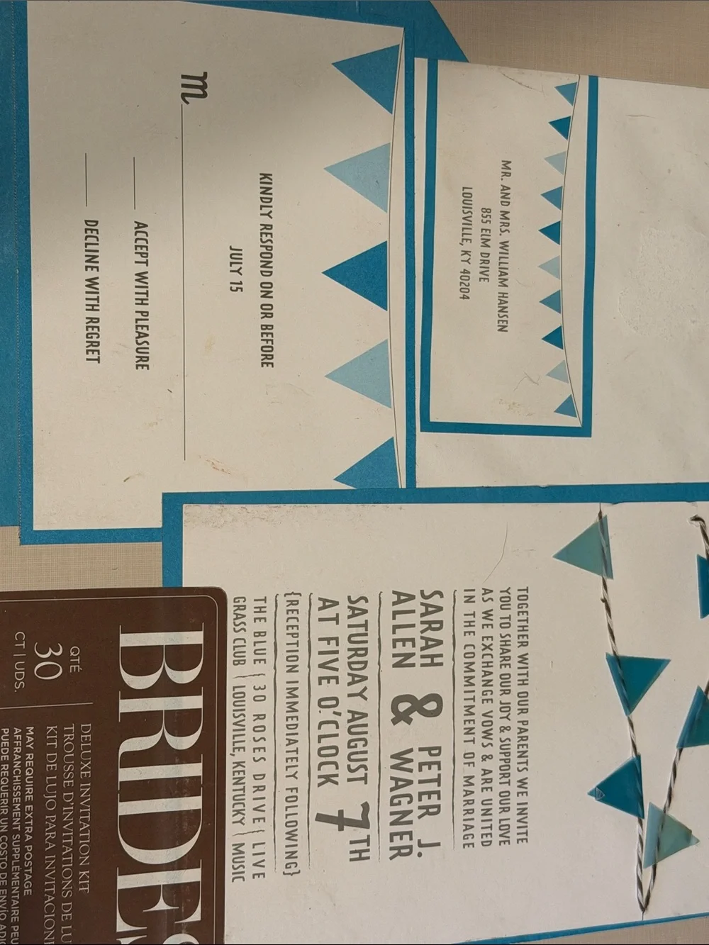 Blue and White Wedding Invitation Suite rsvp